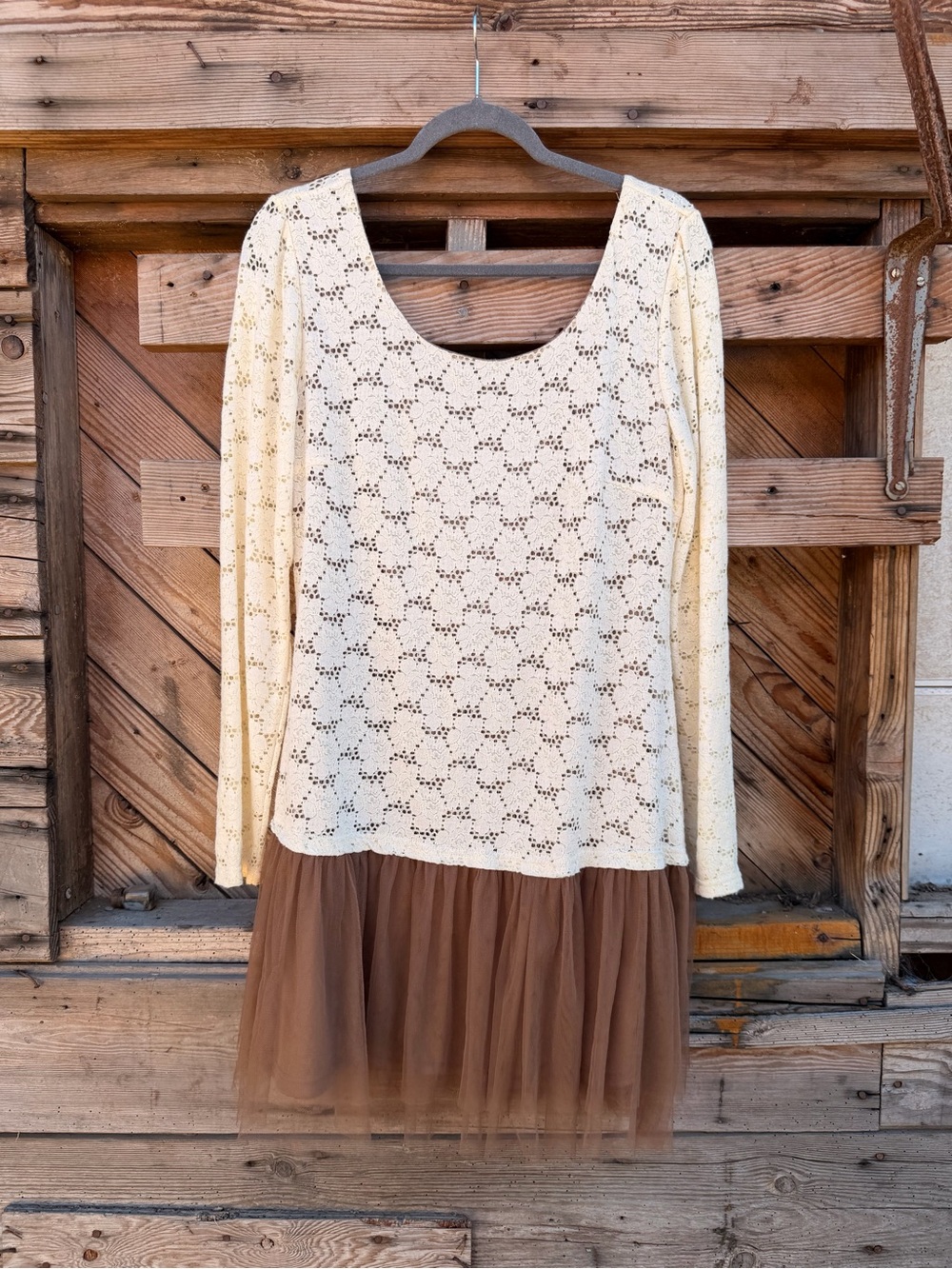 A'Reve Cream Crochet Knit Long Sleeve Dress with Brown Tulle Hem
